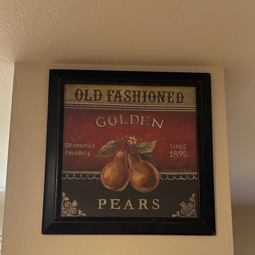 Vintage Style Golden Pears Framed Glass Overlay Kimberly Poloson Art 12”x 12”